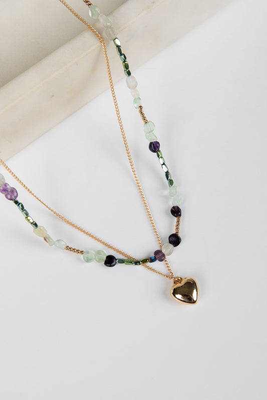 Zoe Gold Beaded Heart Charm Layered Necklace