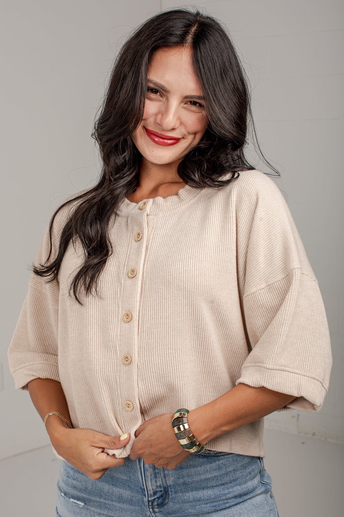 Polished Plans Button Front Knit Top