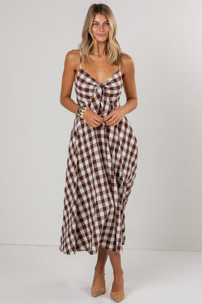 Countryside Stroll Gingham Brown Midi Dress