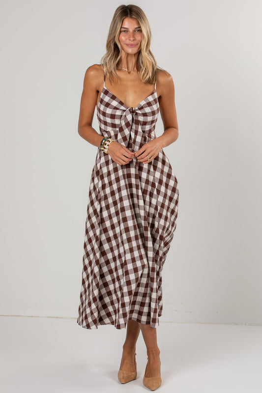 Countryside Stroll Gingham Brown Midi Dress