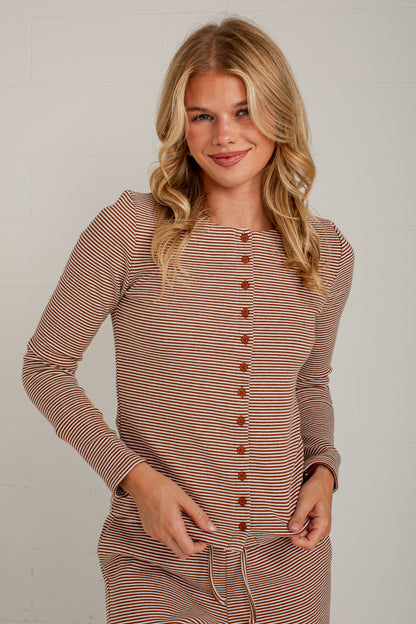 Coffee Break Brown Stripe Button Front Top