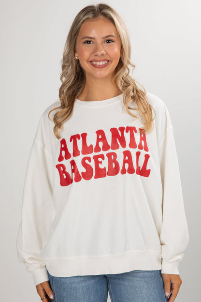 White Atlanta Baseball Bubble Letter Sweatshirt