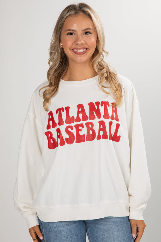 White Atlanta Baseball Bubble Letter Sweatshirt