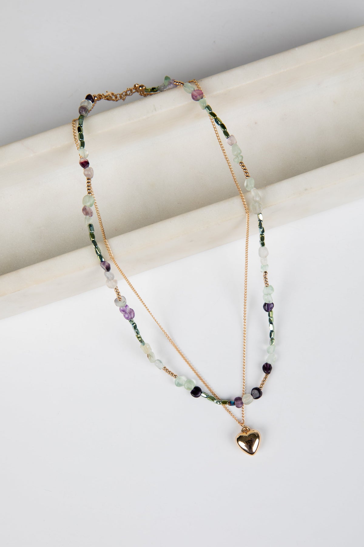 Zoe Gold Beaded Heart Charm Layered Necklace