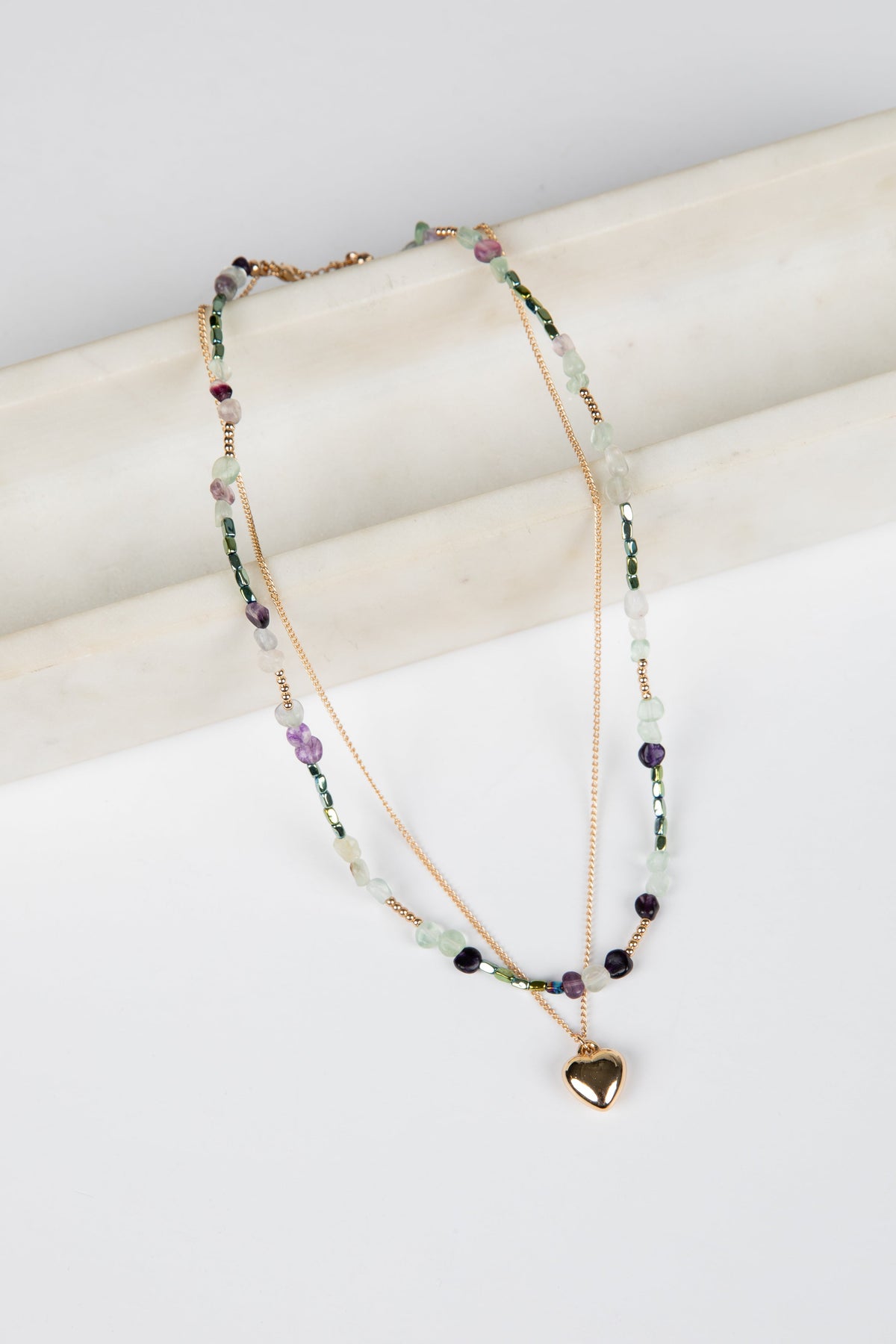 Zoe Gold Beaded Heart Charm Layered Necklace