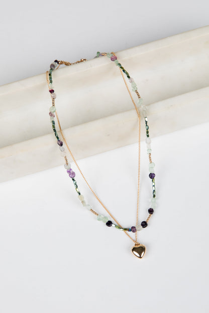 Zoe Gold Beaded Heart Charm Layered Necklace