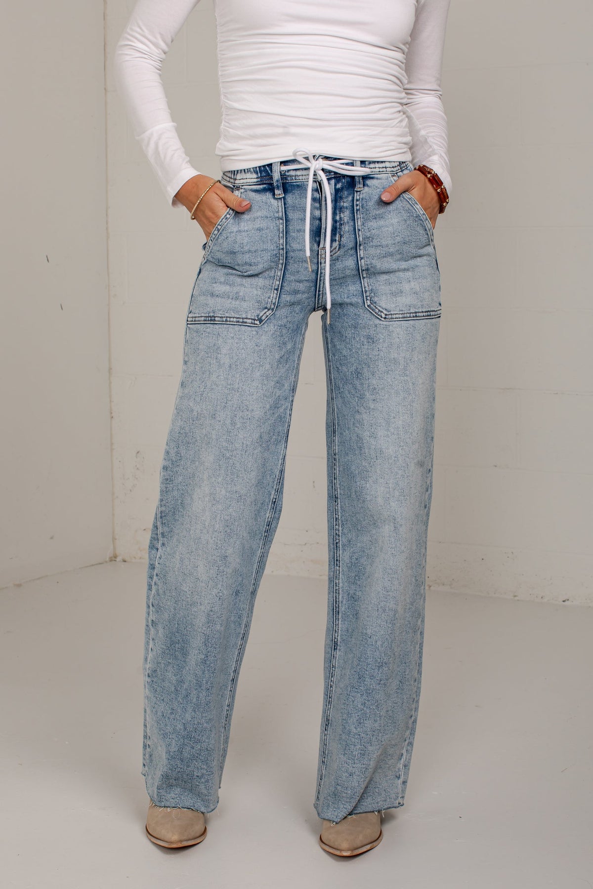Kenna High Rise Drawstring Wide Leg Jeans